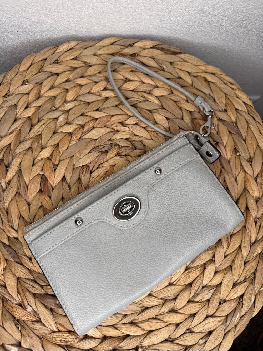 Coach Pebbled Leather Wristlet in Pale Gray